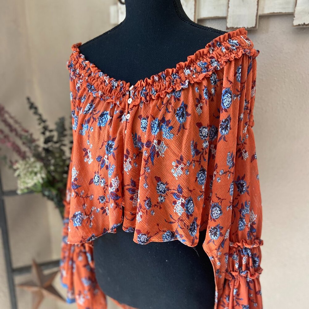 Free People Off Shoulder High Low Tangerine Orange Floral Crop Top XS